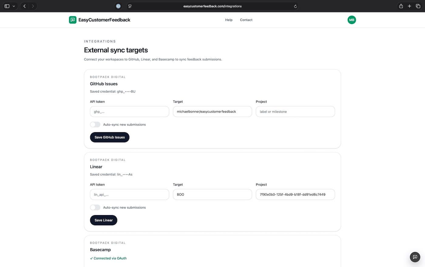 EasyCustomerFeedback integrations and sync targets